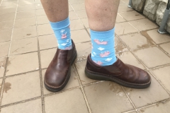 Mel Grice wearing another pair of convention flying pig socks