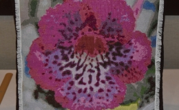 Sinningia seedling cross stitch pillow exhibited by Brandon Erikson